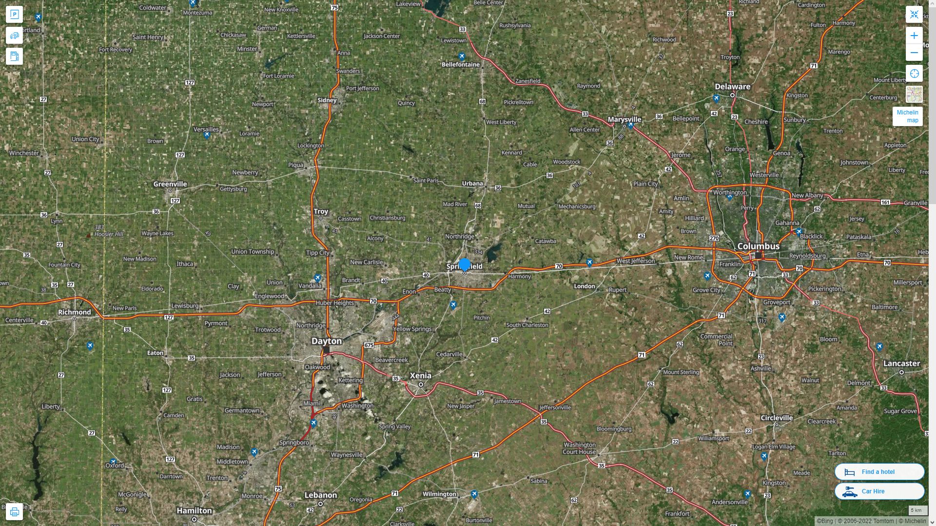 Springfield Ohio Highway and Road Map with Satellite View
